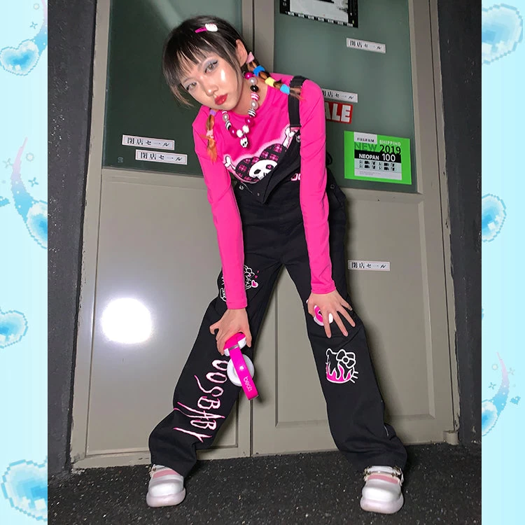 Retro Punk Kitty Print Oversize Overalls - Image 2