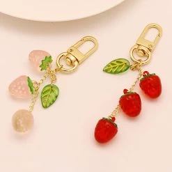 Sweet Pink Red Strawberries Keychain