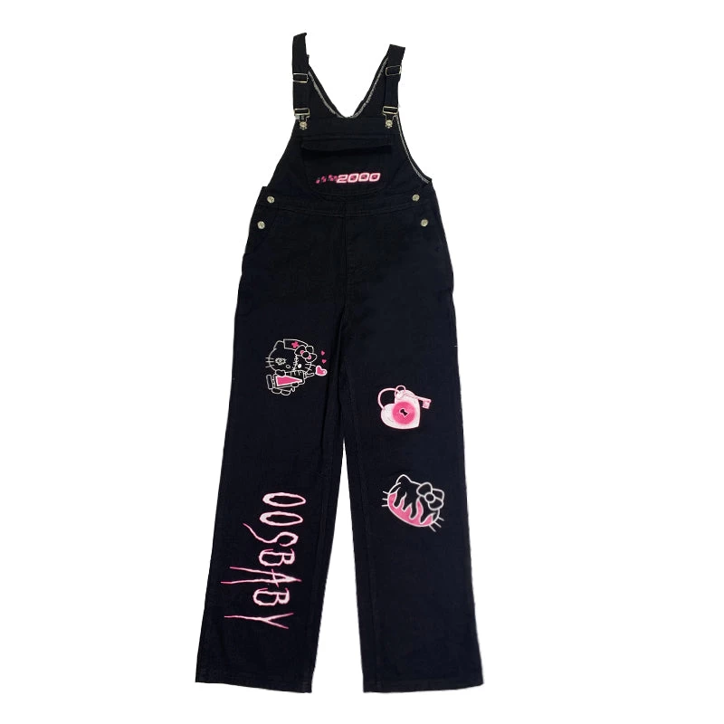 Retro Punk Kitty Print Oversize Overalls - Image 6