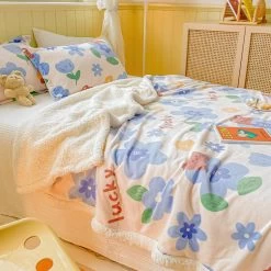 Cartoon Bear And Blue Flowers Warm Blanket