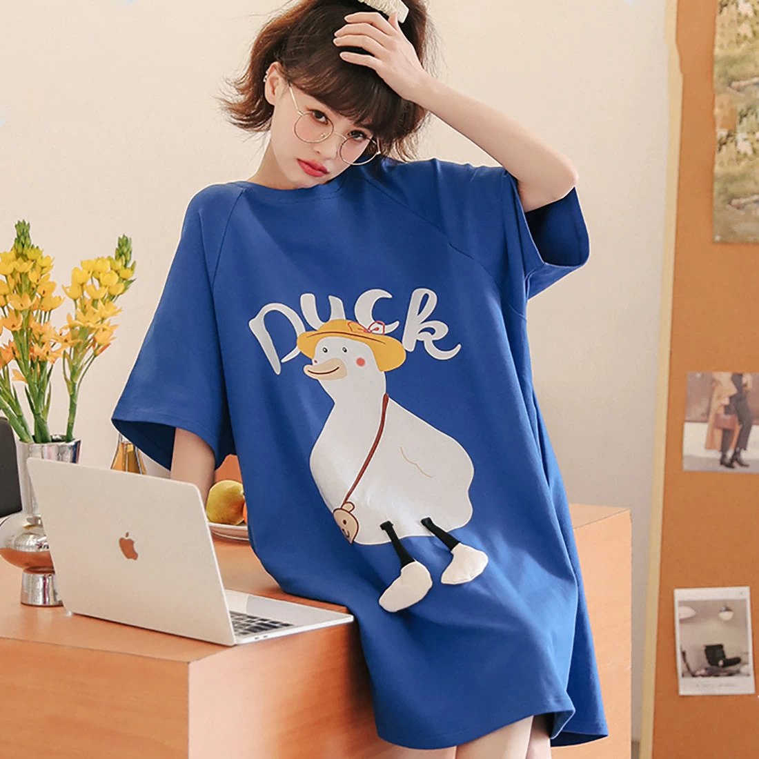 Lovely Cartoon Duck Blue Loose Cotton Pajamas - Image 2
