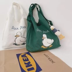 Duck Duck Embroidery Canvas Tote Bag