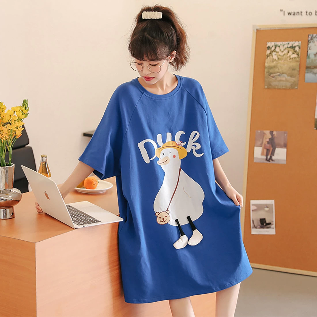 Lovely Cartoon Duck Blue Loose Cotton Pajamas - Image 3