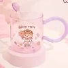 Cute Cartoon Girl Flower Party Glass Cup With Spoon