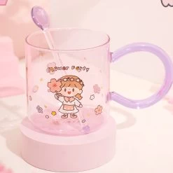Cute Cartoon Girl Flower Party Glass Cup With Spoon