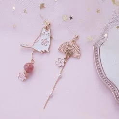 Cute Mismatched Cat And Fan Earrings