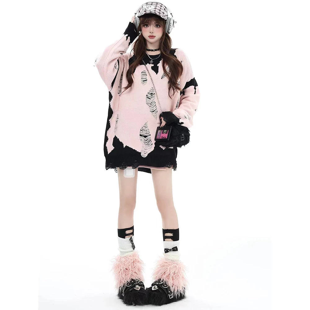 Black And Pink Street Style Hollow Out Distressed Color Block Sweater - Image 6