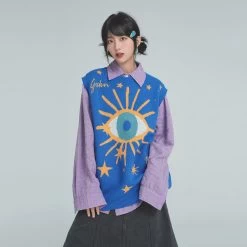Stylish Eye Design Sleeveless Blue Purple Vest Sweater