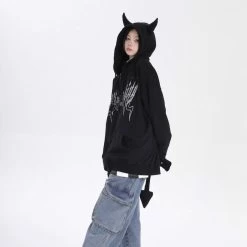 Little Devil Letter Print Zipper Sweatshirt With Pockets