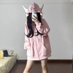 Star Wings Print Zipper Sweatshirt With Pocket