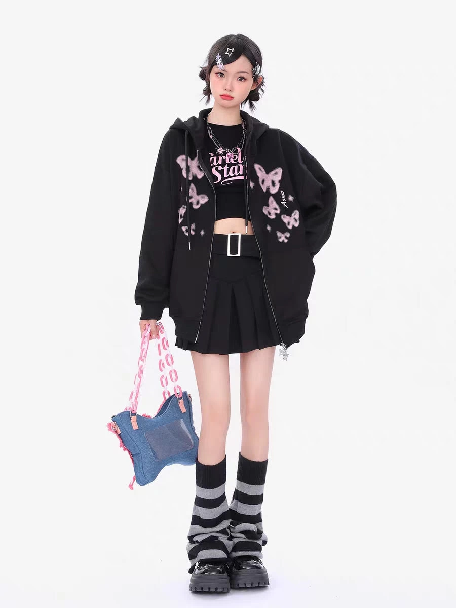Butterfly Print Zipper Hooded Sweatshirt - Image 6
