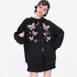Butterfly Print Zipper Hooded Sweatshirt